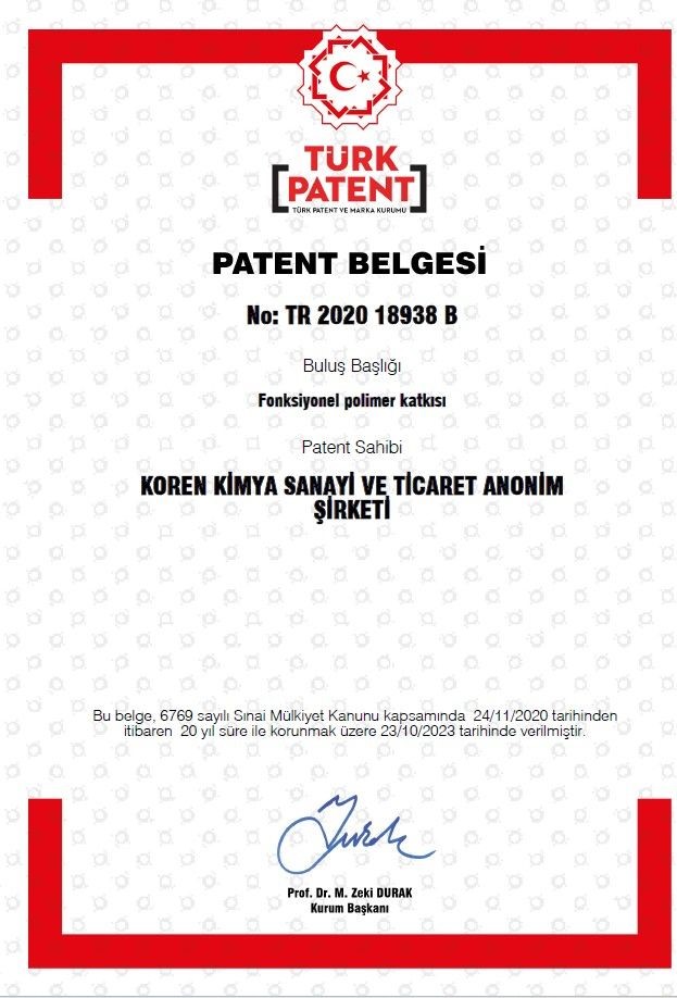 KOREN KİMYA, TFX 313 kodlu ürünün PATENT BELGESİNİ aldı